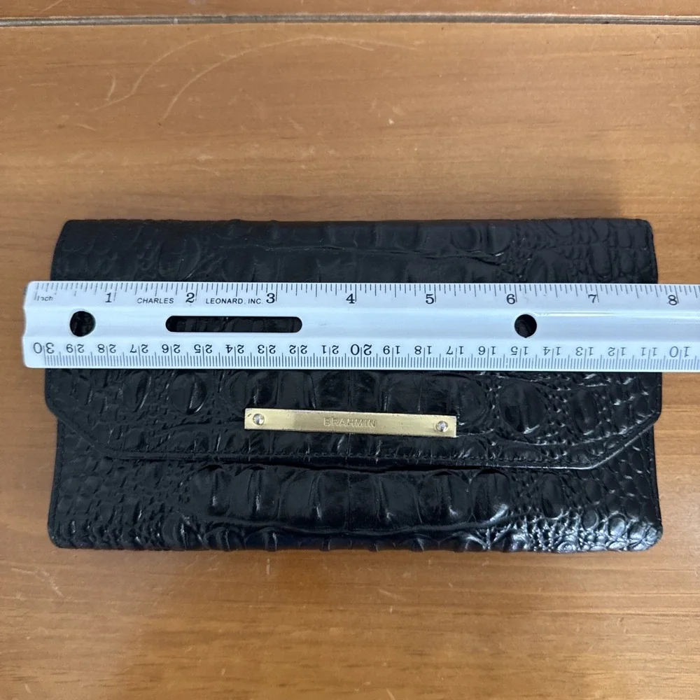 Brahmin Black Melbourne Tri Fold Wallet Croc Embossed Leather Pre-Owned